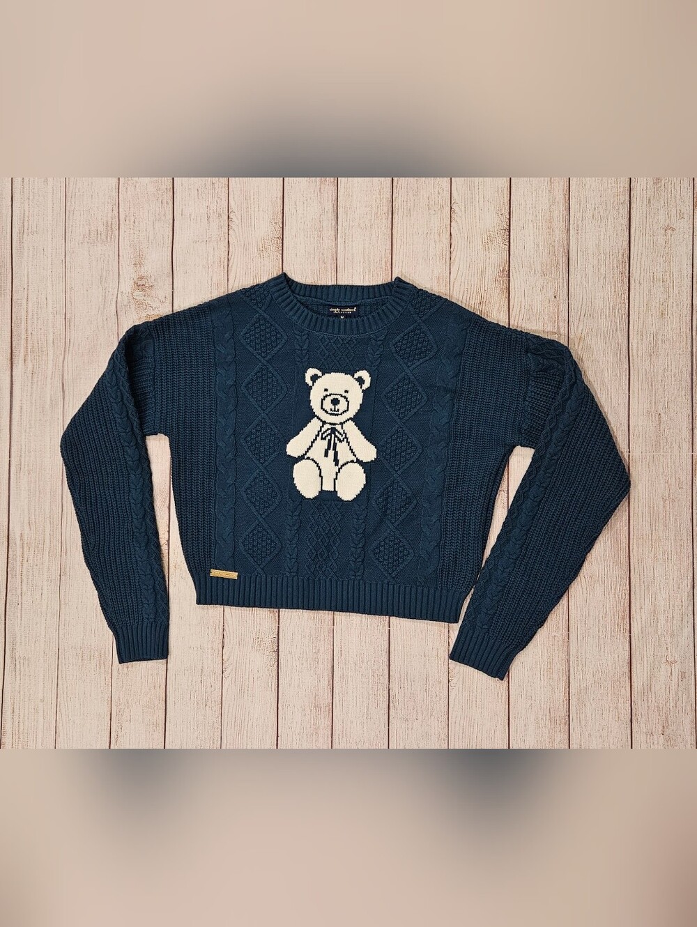 Simply Southern Navy Cable Knit Crewneck Sweater with Elena Teddy